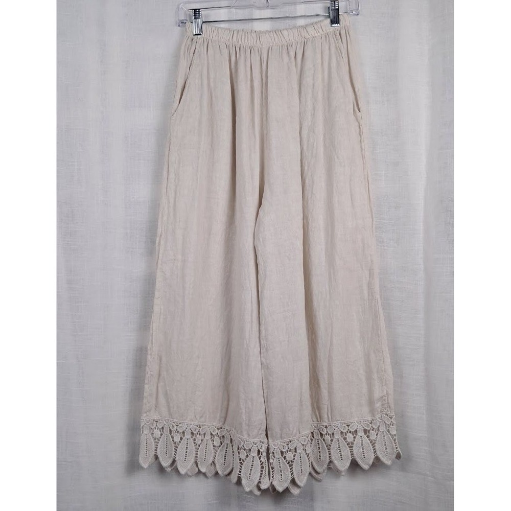 Terzo Millennio Italy M Linen Wide Leg Palazzo Pants Cream Lace Trim Cropped